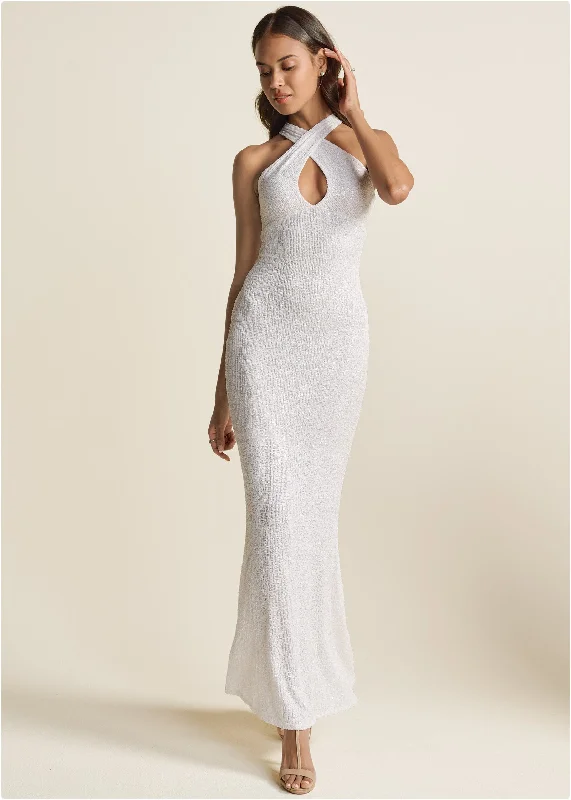 Maxi dresses with embroidered floral motifs for a unique designSequin Keyhole Gown - White Maxi dresses with embroidered floral motifs for a unique designSequin Keyhole Gown - White