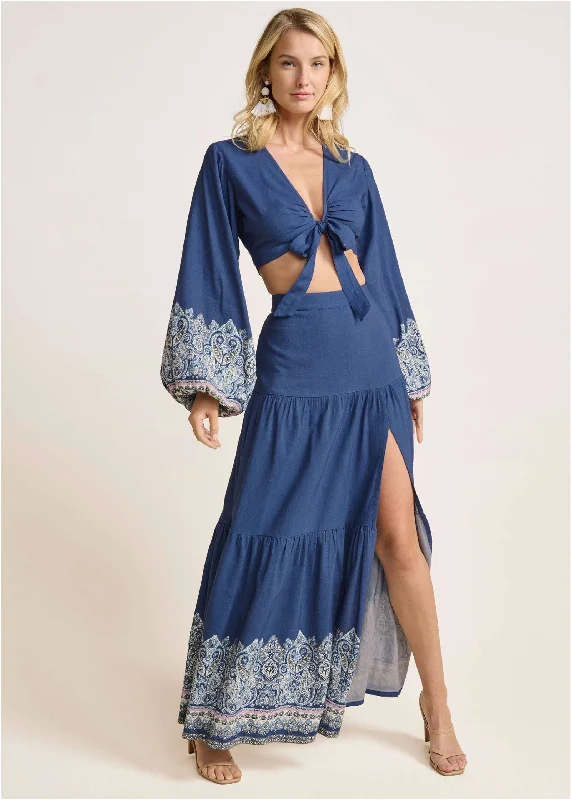 Satin maxi dresses with a high - low hem for a modern twistPrinted Two-Piece Set - Blue Multi Satin maxi dresses with a high - low hem for a modern twistPrinted Two-Piece Set - Blue Multi