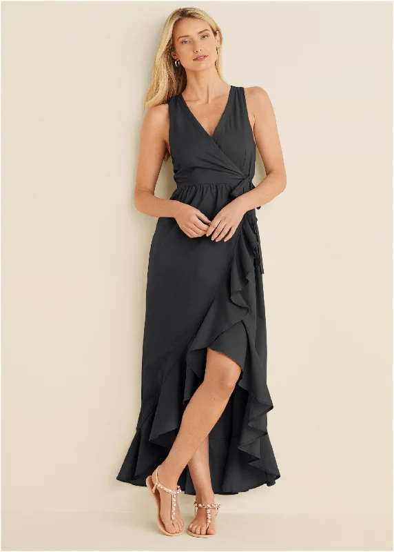 Plaid maxi dresses for fall fashion eventsHigh-Low Wrap Dress - Black