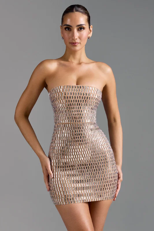 Mini dresses with beaded embellishments for a fancy eventEmbellished Bandeau Mini Dress in Almond Mini dresses with beaded embellishments for a fancy eventEmbellished Bandeau Mini Dress in Almond