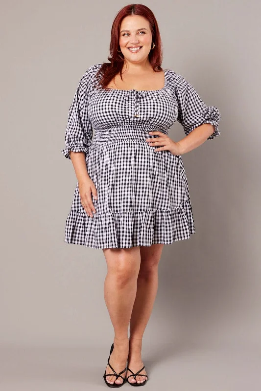 Satin mini dresses for a luxurious feelBlack Check Mini Dress 3/4 Sleeve Shirred Gingham Satin mini dresses for a luxurious feelBlack Check Mini Dress 3/4 Sleeve Shirred Gingham