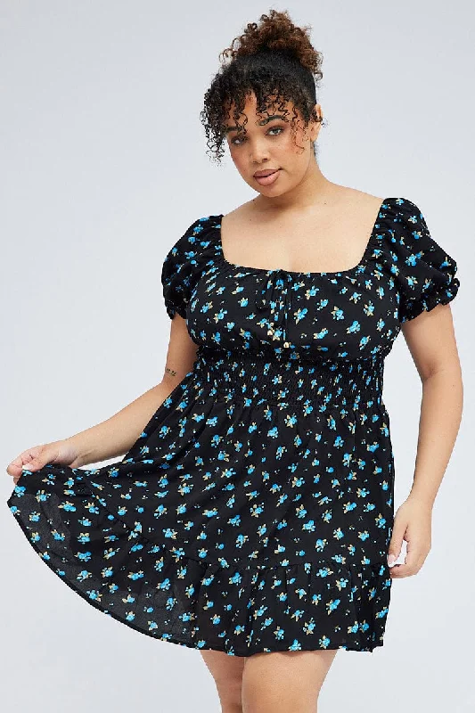 Mini dresses with pom - pom trims for a playful feelBlack Ditsy Mini Dress Puff Sleeve Gather Detail Mini dresses with pom - pom trims for a playful feelBlack Ditsy Mini Dress Puff Sleeve Gather Detail