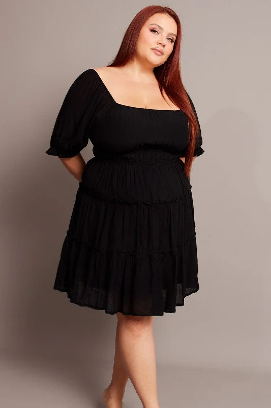 Black Mini Dress With Elastic Waist And Frill Skirt