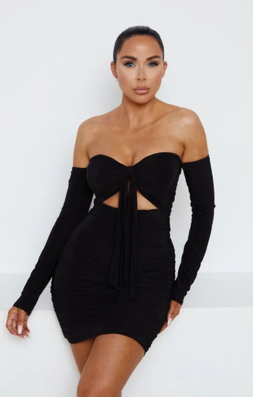 Mini dresses with halter necks for a stylish choiceBlack Slinky Ruched Bardot Long Sleeve Cut Out Tie Front Bodycon Mini Dress - Zion Mini dresses with halter necks for a stylish choiceBlack Slinky Ruched Bardot Long Sleeve Cut Out Tie Front Bodycon Mini Dress - Zion