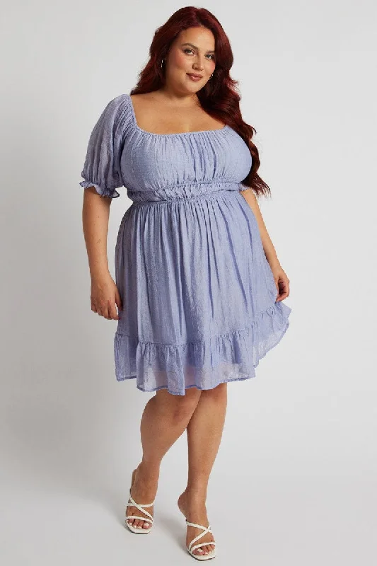 Mini dresses with wrap - around stylesBlue Mini Dress Gather Waist Frill Hem