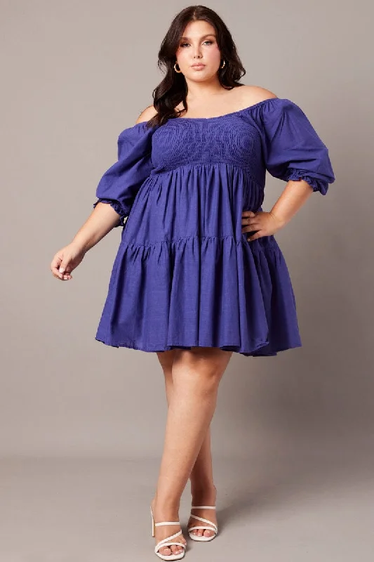 Blue Shirred Tier Cotton Mini Dress