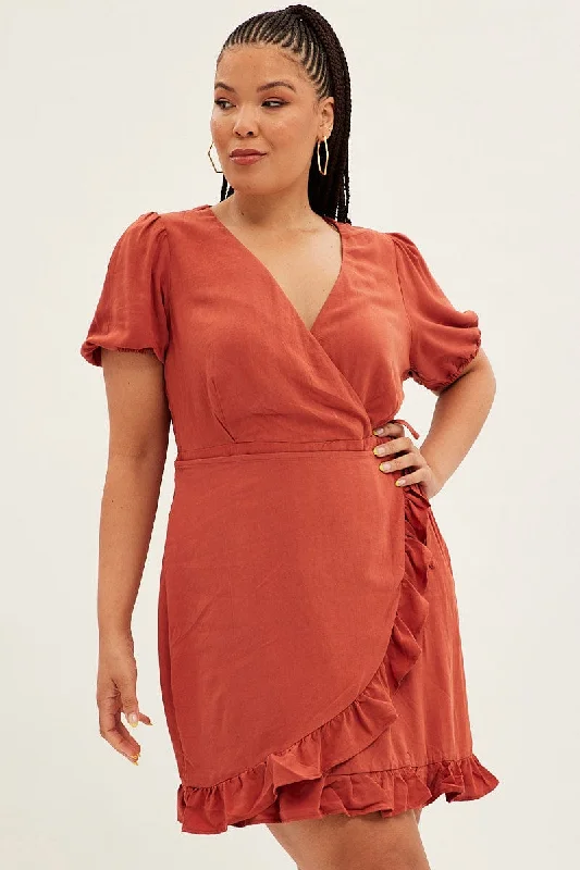 Printed mini dresses for a casual day outBrown Mini Dress Short Puff Sleeve Faux Wrap Printed mini dresses for a casual day outBrown Mini Dress Short Puff Sleeve Faux Wrap