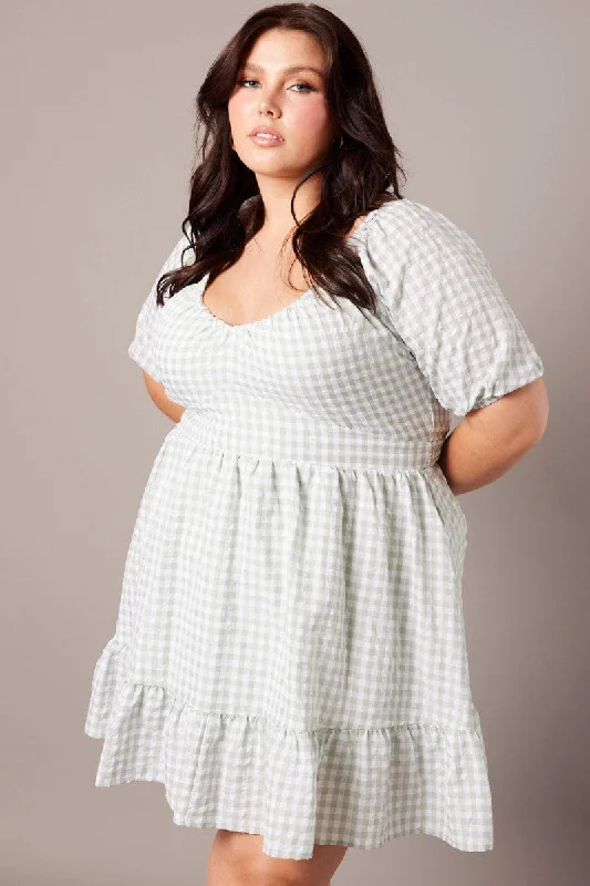 Satin mini dresses for a luxurious feelGreen Check Tiered Mini Dress Shirred Back With Pockets