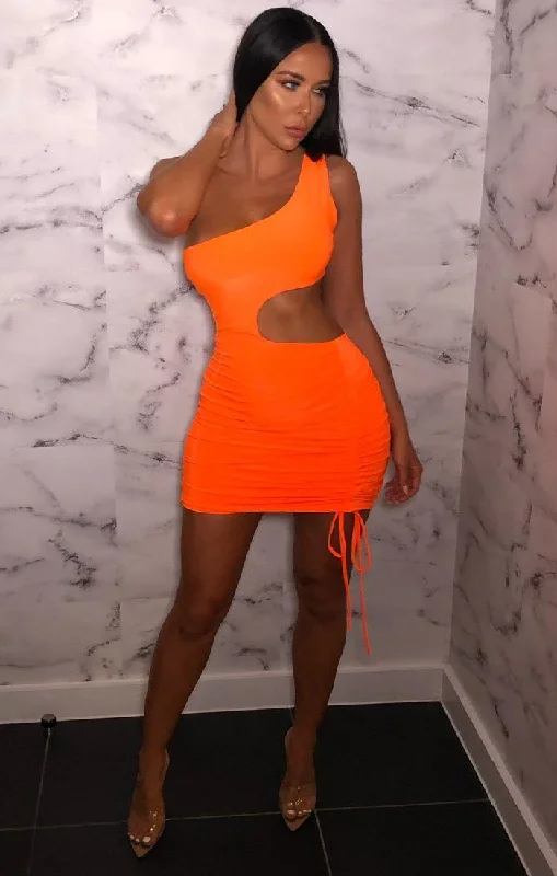 Neon Orange One Shoulder Cut Out Mini Dress - Jolie