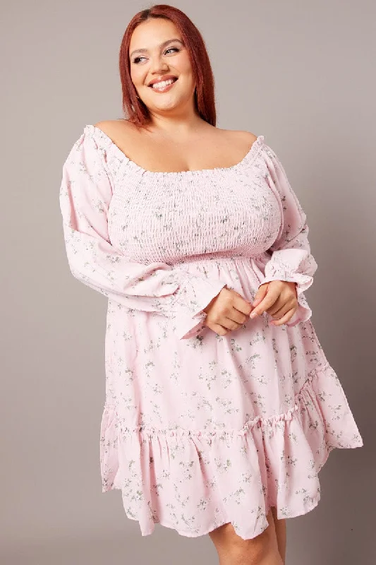 Denim mini dresses with distressed detailsPink Floral Shirred Bodice Mini Dress