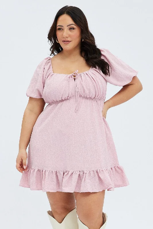 Pink Textured Mini Dress Tie Front