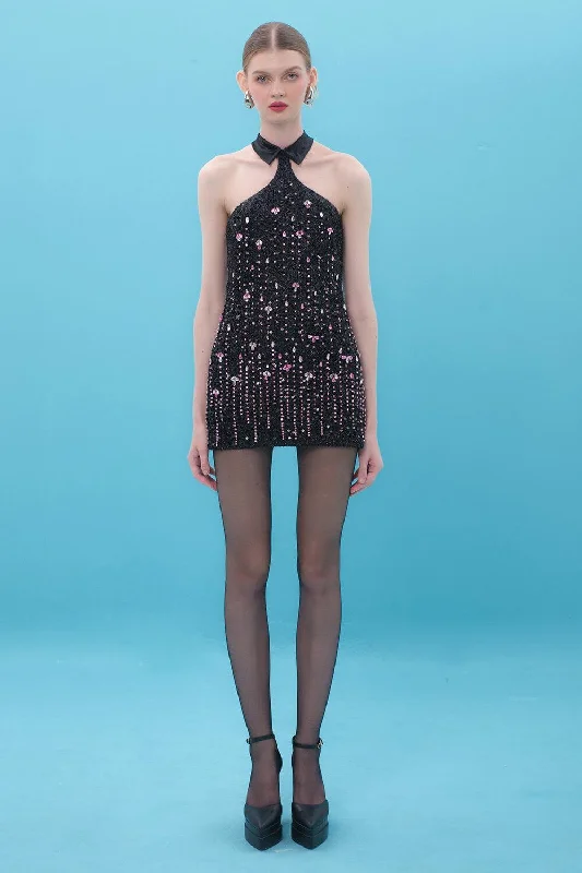 Saoirse Halter Collared Neck Sequin Mini Dress