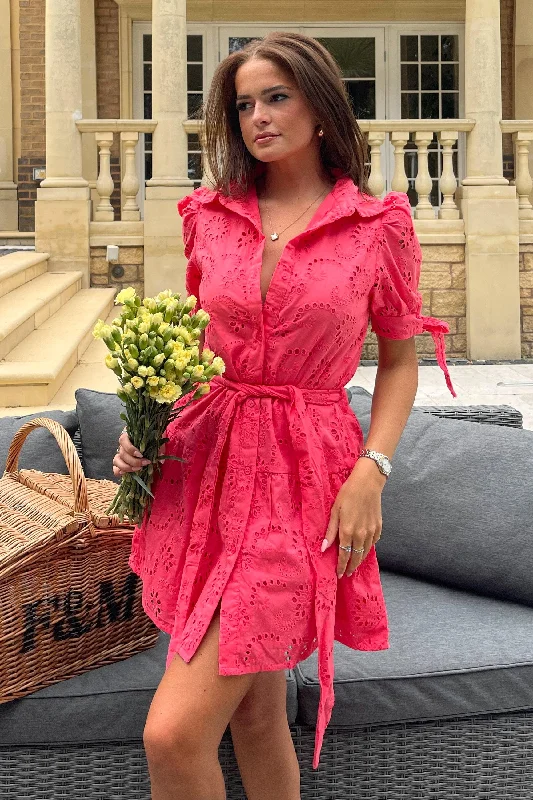 Mini dresses with polka dot patternsVictoria Broidery Mini Shirt Dress Coral