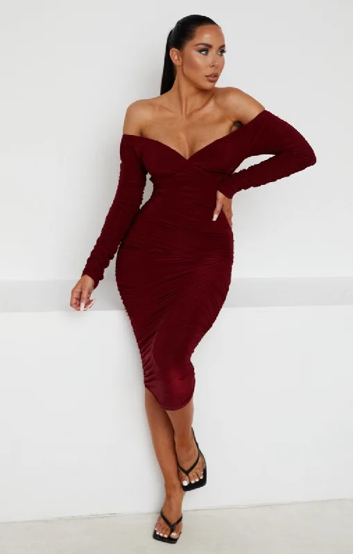 Wine Ruched Bardot Long Sleeve Bodycon Mini Dress - Mindy