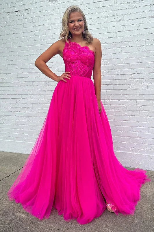 Party dresses with a V - neck design to enhance the necklineA-Line One Shoulder Fuchsia Tulle Prom Dress with Lace Party dresses with a V - neck design to enhance the necklineA-Line One Shoulder Fuchsia Tulle Prom Dress with Lace
