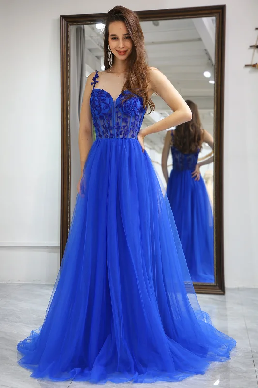 Party dresses with a metallic finish for a shiny and eye - catching effectA Line Royal Blue Long Corset Prom Dress With Appliques Party dresses with a metallic finish for a shiny and eye - catching effectA Line Royal Blue Long Corset Prom Dress With Appliques