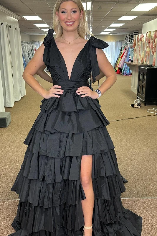 Black Deep V A-line Tiered Satin Long Prom Dress with Slit