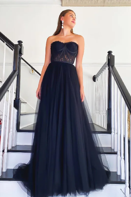 Black Strapless A-line Tulle Lace Top Long Prom Dress