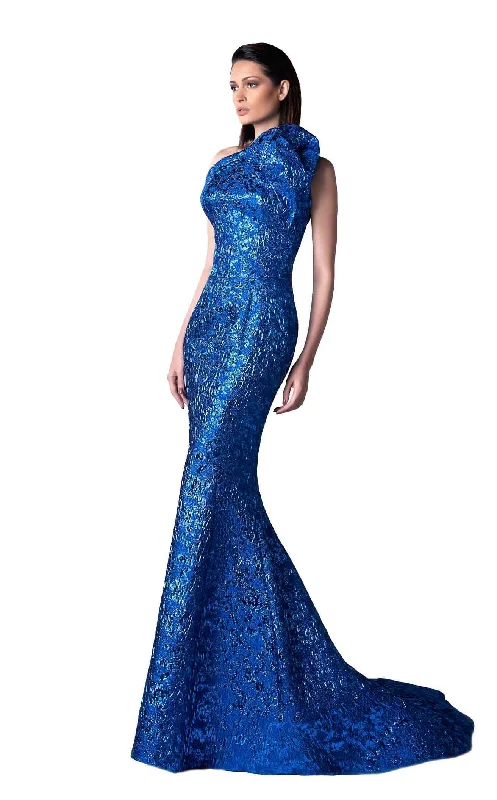 Formal dresses with one - shoulder ruffled straps and sequined bodices for a trendy and eye - catching lookEdward Arsouni Couture FW0401 Dress