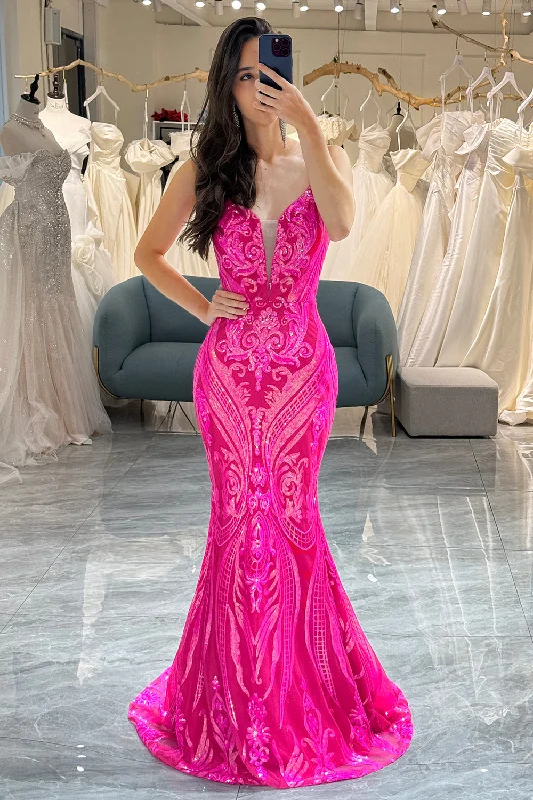 Sheath party dresses in a bold color for a statement - making outfitFuchsia Mermaid Backless Long Prom Dress With Appliques Sheath party dresses in a bold color for a statement - making outfitFuchsia Mermaid Backless Long Prom Dress With Appliques