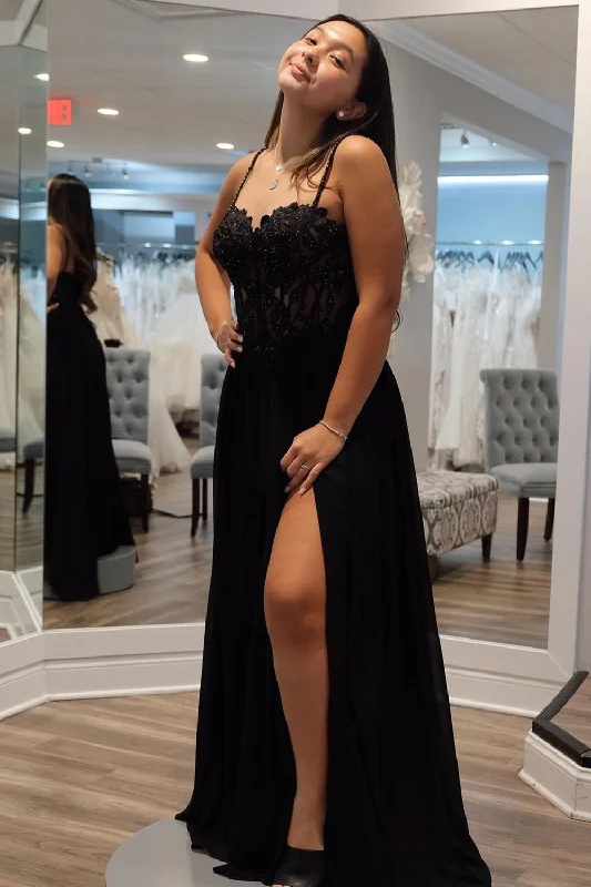 Glitter Black Floral A-line Long Prom Dress with Slit