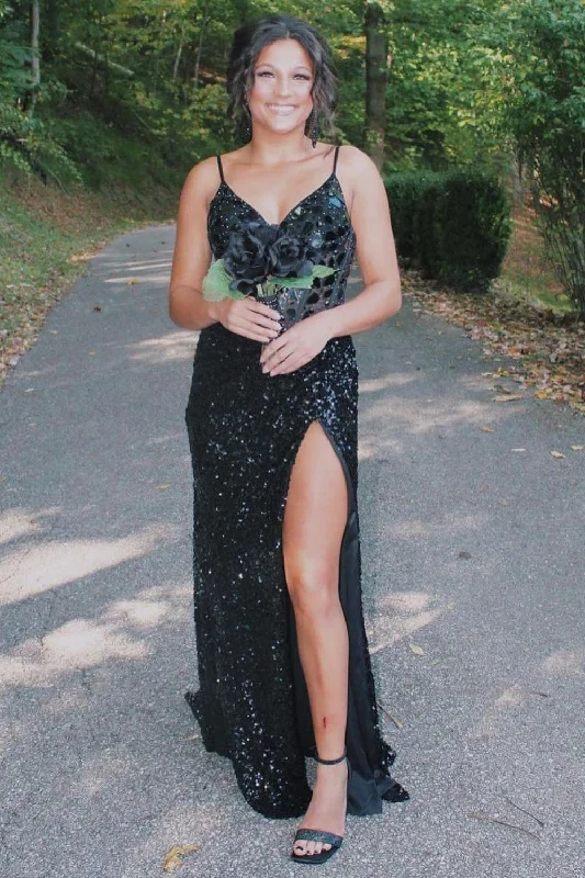 Strapless party dresses with a beaded bodice for added eleganceGlitter Black Mermaid Long Mirror Prom Dress With Slit Strapless party dresses with a beaded bodice for added eleganceGlitter Black Mermaid Long Mirror Prom Dress With Slit