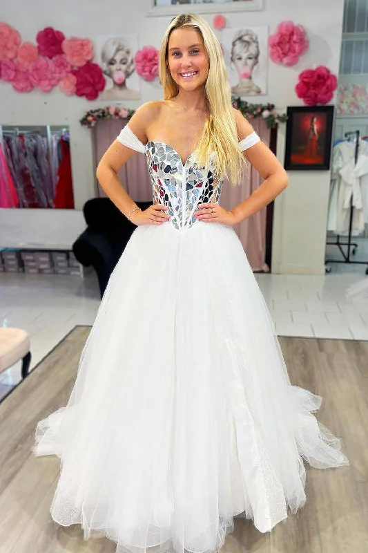 Party dresses with a polka - dot pattern for a classic and playful styleGlitter Corset White Princess Long Mirror Prom Dress Party dresses with a polka - dot pattern for a classic and playful styleGlitter Corset White Princess Long Mirror Prom Dress