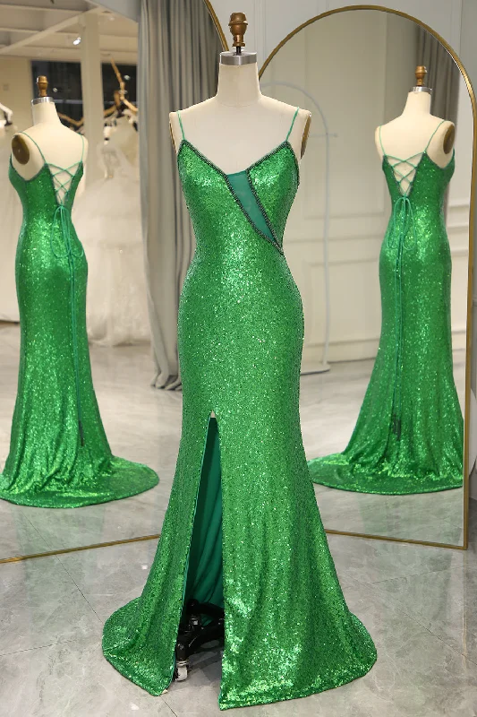 Party dresses with a pom - pom trim for a fun and festive touchGlitter Dark Green Mermaid Backless Long Prom Dress With Slit Party dresses with a pom - pom trim for a fun and festive touchGlitter Dark Green Mermaid Backless Long Prom Dress With Slit