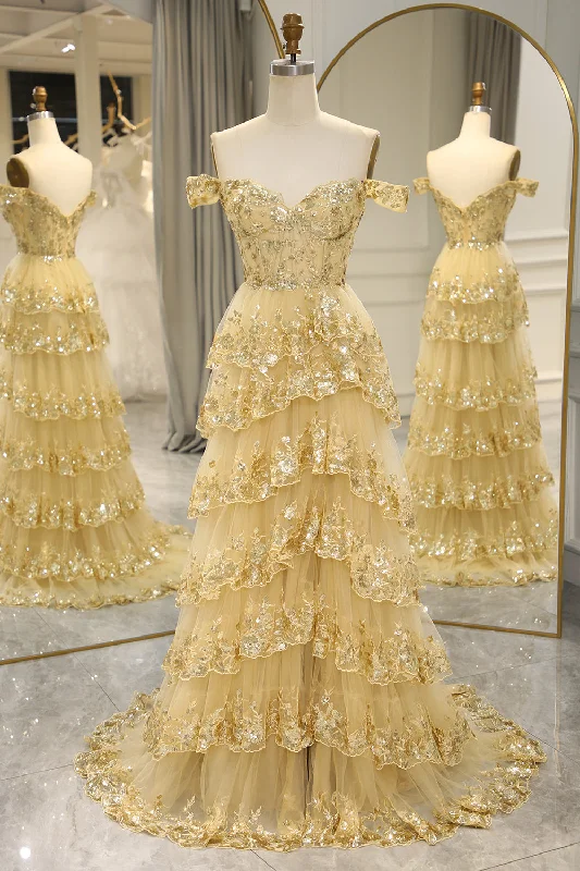 Sparkly sequined party dresses for a glamorous lookGlitter Golden Tiered A-Line Long Prom Dress with Lace Sparkly sequined party dresses for a glamorous lookGlitter Golden Tiered A-Line Long Prom Dress with Lace