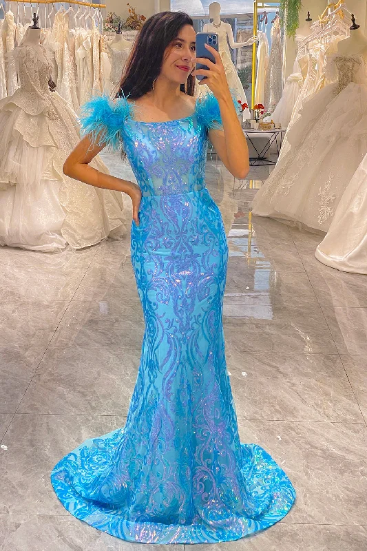 Backless party dresses for a sexy and alluring appearanceGlitter Light Blue Mermaid Long Feathered Prom Dress Backless party dresses for a sexy and alluring appearanceGlitter Light Blue Mermaid Long Feathered Prom Dress