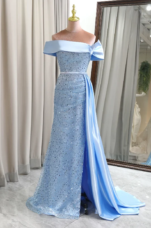 80s - inspired party dresses with bold colors and big shoulders​Glitter Light Blue Sheath Long Sequined Prom Dress With Slit