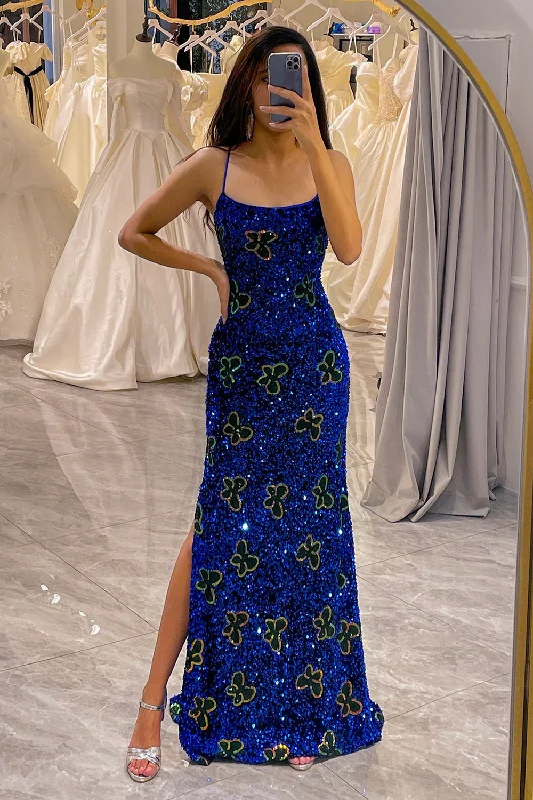 Party dresses with a cut - out design for a daring and edgy styleGlitter Royal Blue Long Prom Dress With Slit Party dresses with a cut - out design for a daring and edgy styleGlitter Royal Blue Long Prom Dress With Slit