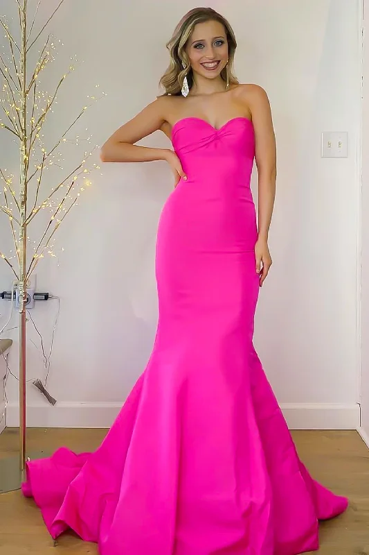 Hot Pink Sweetheart Mermaid Satin Long Prom Dress