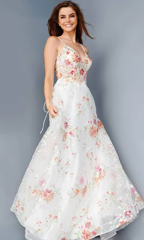 JVN by Jovani JVN23212 - Lace-Up Back Floral Prom Gown