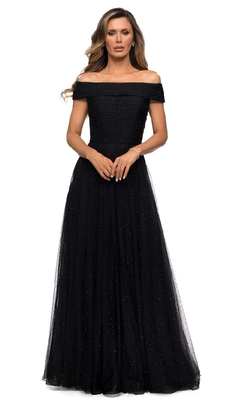 Formal dresses with abstract print panels and rhinestone embellishments for a unique formal eventLa Femme - 28051 Crystal Beaded Tulle Off Shoulder A-Line Gown Formal dresses with abstract print panels and rhinestone embellishments for a unique formal eventLa Femme - 28051 Crystal Beaded Tulle Off Shoulder A-Line Gown