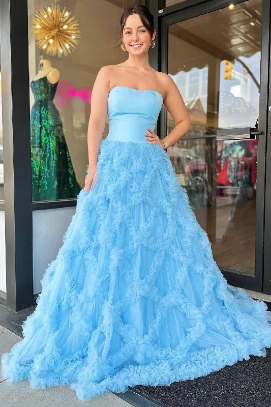 Midi - length party dresses for a modest and fashionable choiceLight Blue Princess Tulle Long Ruffled Prom Dress Midi - length party dresses for a modest and fashionable choiceLight Blue Princess Tulle Long Ruffled Prom Dress