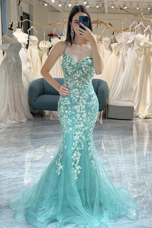 Party dresses with a tiered skirt for a fun and voluminous styleLight Green Mermaid Backless Long Corset Prom Dress With Appliques Party dresses with a tiered skirt for a fun and voluminous styleLight Green Mermaid Backless Long Corset Prom Dress With Appliques