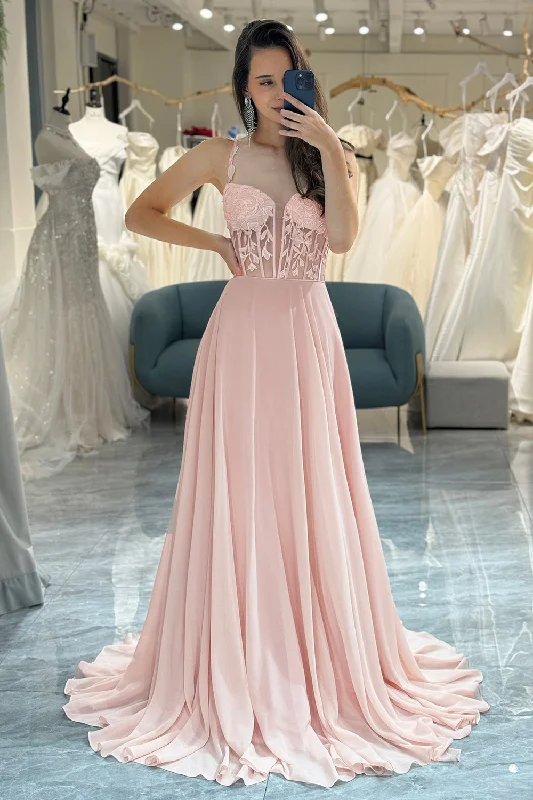 Beach party dresses made of lightweight and breathable fabricLight Pink Backless Long Corset Prom Dress With Appliques Beach party dresses made of lightweight and breathable fabricLight Pink Backless Long Corset Prom Dress With Appliques