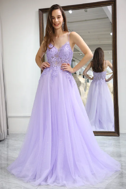 Party dresses with a lace overlay for a feminine touchLight Purple A Line Long Prom Dress With Appliques Party dresses with a lace overlay for a feminine touchLight Purple A Line Long Prom Dress With Appliques