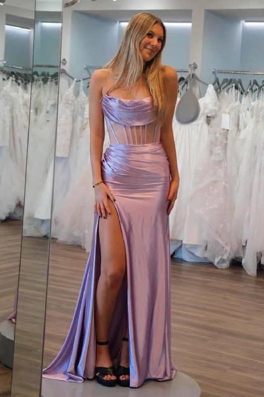 Lilac Strapless Corset Mermaid Satin Long Prom Dress with Slit