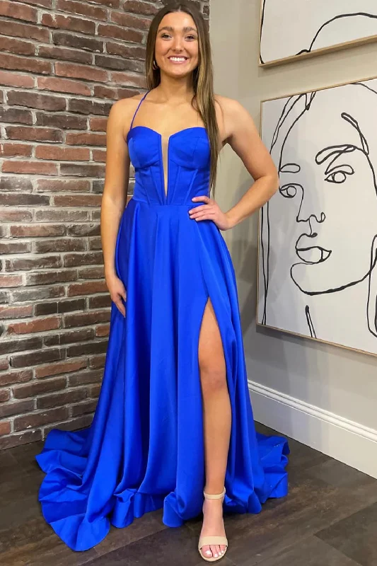 Royal Blue A-line Spaghetti Straps Satin Long Prom Dress with Slit