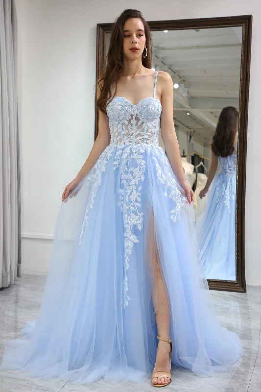 Party dresses with a jacquard pattern for a rich and detailed lookSky Blue A Line Long Corset Appliqued Prom Dress With Slit Party dresses with a jacquard pattern for a rich and detailed lookSky Blue A Line Long Corset Appliqued Prom Dress With Slit