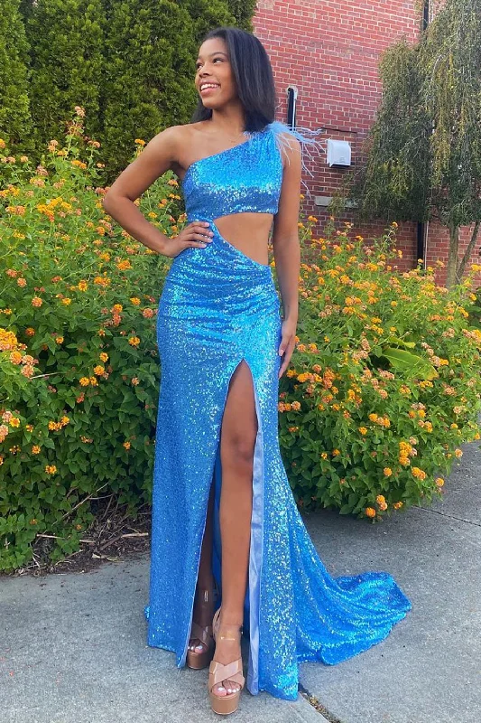 Sparkly Blue Feathered One Shoulder Cut-Out Mermaid Long Prom Dress with Slit