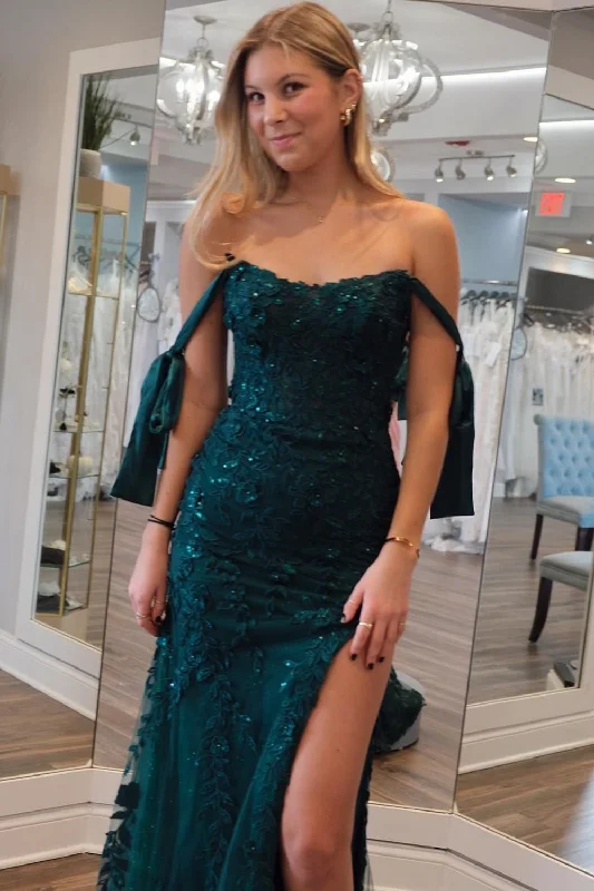 Sparkly Dark Green Floral Off-Shoulder Mermaid Long Prom Dress with Slit