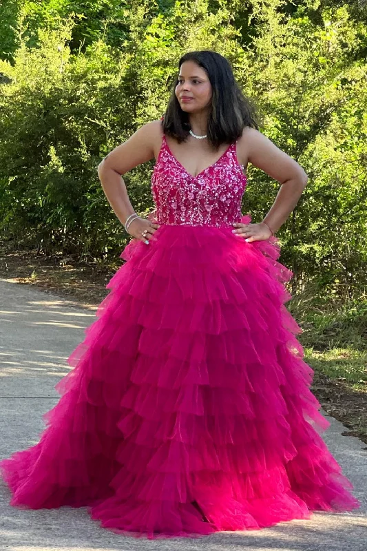 Sparkly Fuchsia Floral Tiered V Neck A-line Long Prom Dress