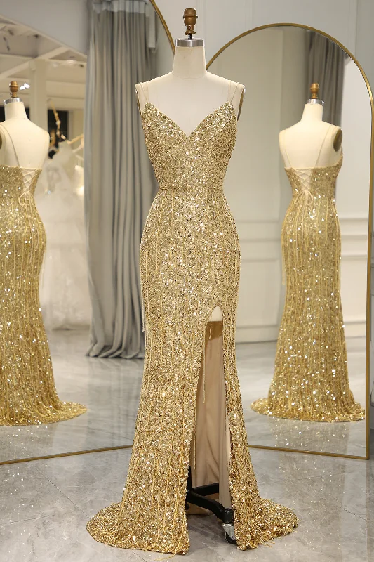 Party dresses with a unique neckline, like a sweetheart or square neckSparkly Golden Mermaid Backless Long Prom Dress With Slit Party dresses with a unique neckline, like a sweetheart or square neckSparkly Golden Mermaid Backless Long Prom Dress With Slit