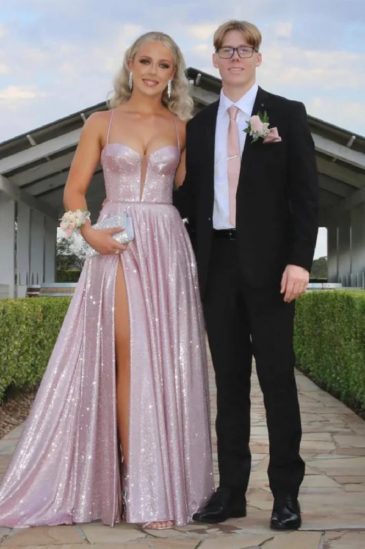Fairy - themed party dresses with wings and glitter for a magical lookSparkly Pink A-Line Princess Long Prom Dress with Slit Fairy - themed party dresses with wings and glitter for a magical lookSparkly Pink A-Line Princess Long Prom Dress with Slit