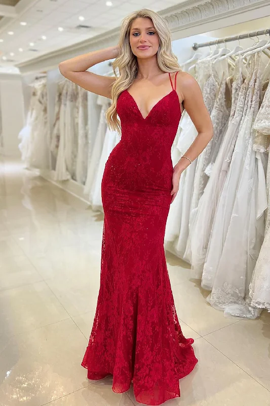 Backless party dresses for a sexy and alluring appearanceSparkly Red Mermaid Long Lace Prom Dress Backless party dresses for a sexy and alluring appearanceSparkly Red Mermaid Long Lace Prom Dress