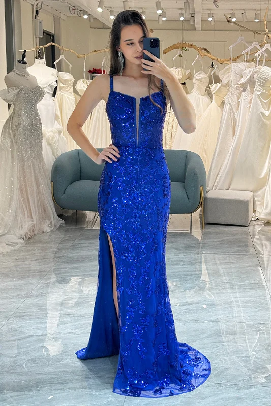 Evening party dresses with a long train for a dramatic entranceSparkly Royal Blue Mermaid Long Prom Dress With Slit Evening party dresses with a long train for a dramatic entranceSparkly Royal Blue Mermaid Long Prom Dress With Slit