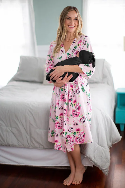 Amelia Robe & Black Newborn Swaddle Blanket Set